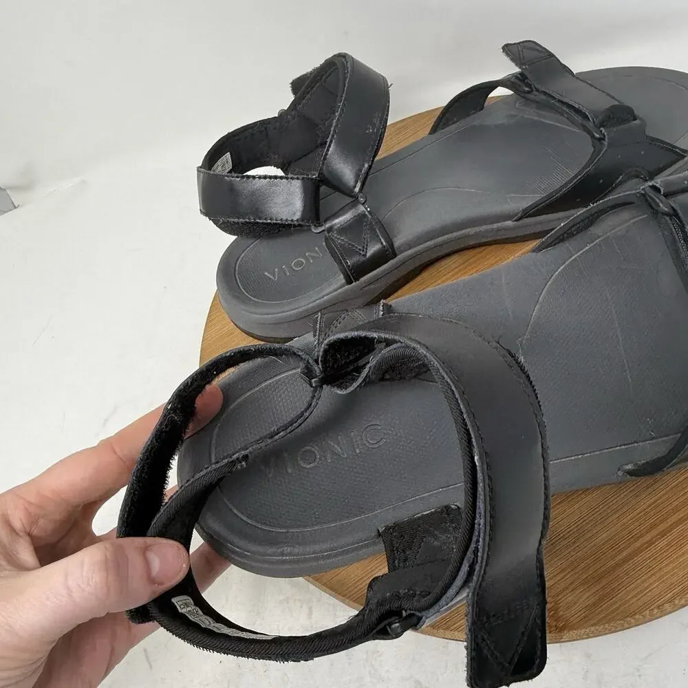 Vionic Canoe Leo Black Leather Sandals Adjustable Strap Comfort Mens 12